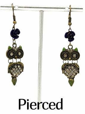 Bronze Owl Purple Rose Metal Crystal Dangle Pierced Earring’s Jewelry Bird